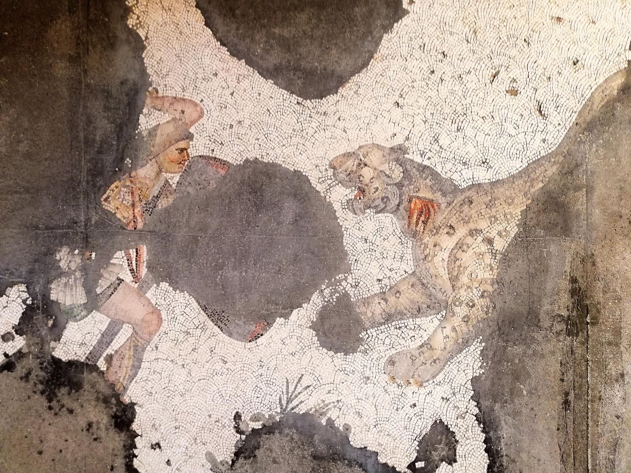 Tugce Yalcin: Man against Nature, Mosaic from Great Palace Mosaic Museum, 2022, Istanbul, Turkey