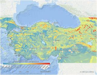 Figure 5. Map of Türkiye showing the predicted standard error in the 87Sr/86Sr isoscape model across the Anatolian landscape.