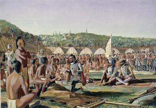 Jacques Cartier at Hochelaga. Image via Wikimedia Commons.