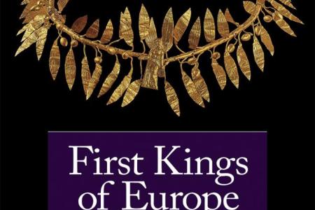 First Kings of Europe: From Farmers to Rulers in Prehistoric Southeast Europe, edited by Attila Gyucha and William A Parkinson, in white text over purple block, solid black background and golden necklace