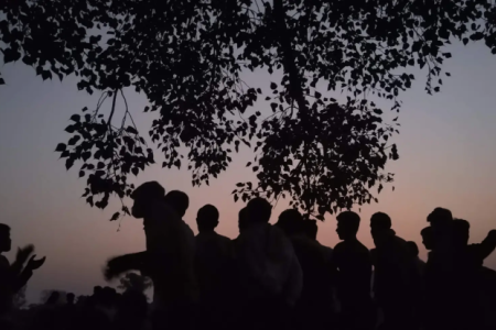 At dusk, a group of villagers joyously singing songs under a Peepal (Ficus religiosa) tree. Credit: Amit Kaushik