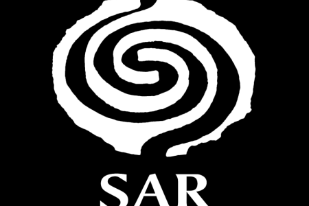 white worlpool logo for the school for advanced research on top of dark back ground. The abbreviation SAR is below in white text