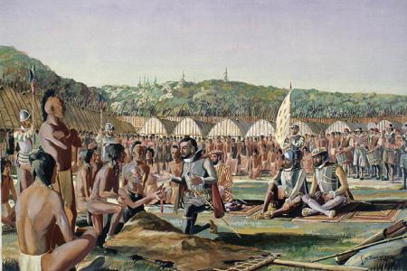 Jacques Cartier at Hochelaga. Image via Wikimedia Commons.