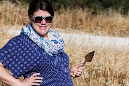 Suzanne Pilaar Birch in the field in Cypress at six months pregnant.